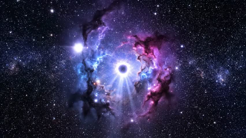 Dynamic cosmic nebula in vibrant blues and pinks with radiating light, perfect for sci-fi trailers and space exploration documentaries