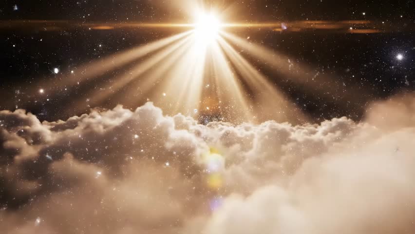 Experience heavenly radiance with sunbeams breaking through majestic clouds, a cosmic dance of light and wonder, ideal for inspirational projects