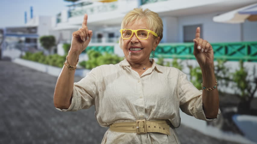Senior hispanic woman with yellow glasses and bracelets smiles and points index fingers upward while wearing a belted linen shirt in front of a building; joy vacation. - Powered by Shutterstock - Get 15% off with code: PIKWIZARD15