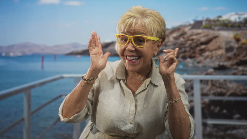 Senior hispanic woman wearing yellow glasses gestures with raised hands on balcony of seaside building; joyful confidence. - Powered by Shutterstock - Get 15% off with code: PIKWIZARD15