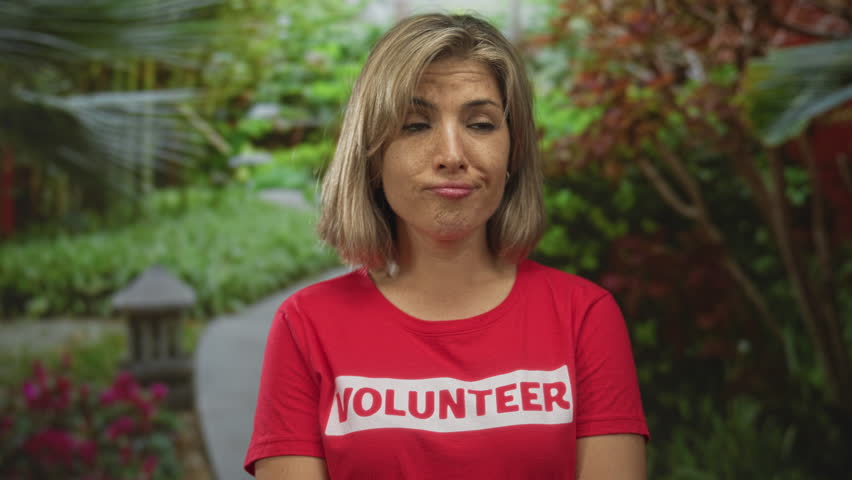 Woman in volunteer shirt turns head and gazes aside at leafy green park with dense foliage and flowering shrubs; doubt.