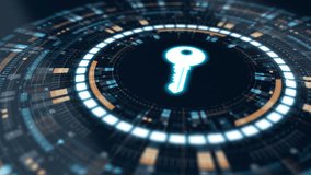 Motion graphic of a digital key floating in a glowing futuristic interface that rotates with tech elements, highlighting secure authentication and advanced data access. - Powered by Shutterstock - Get 15% off with code: PIKWIZARD15