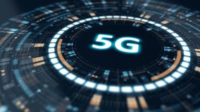 Motion graphic of 5G text centered in a rotating futuristic interface with glowing elements, illustrating advanced wireless communication and high‑speed digital connectivity. - Powered by Shutterstock - Get 15% off with code: PIKWIZARD15