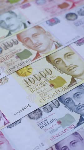 Money, currency of Singapore, dollar banknotes of various denominations. Singapore money