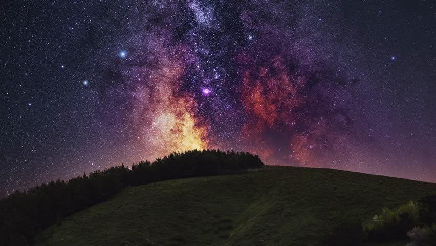 Forest on the hill under milky way galaxy timelapse.