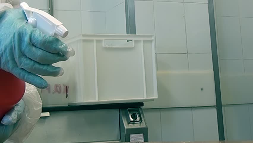 A worker in protective gear, including gloves, is using a spray bottle to apply disinfectant in an area that appears to be used for food preparation or production.