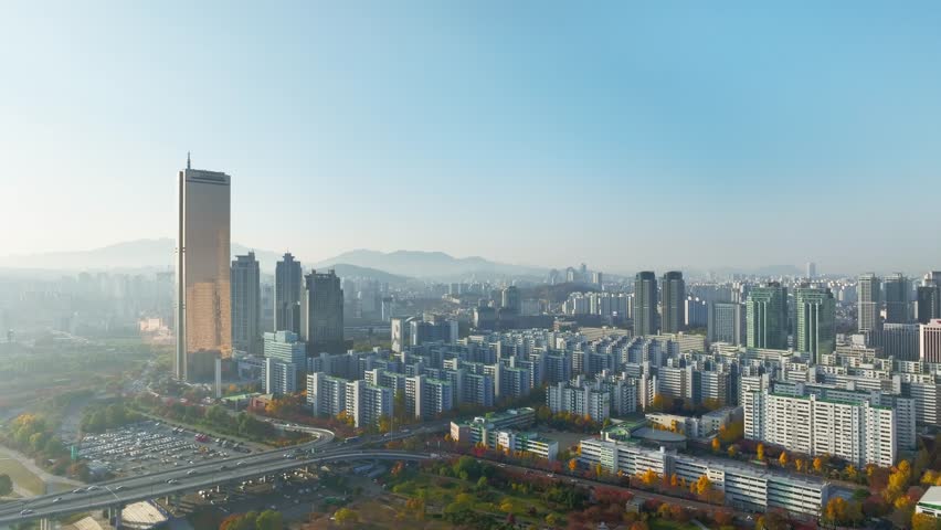 Aerial View of Seoul city in South Korea, Yeouinaru Financial District