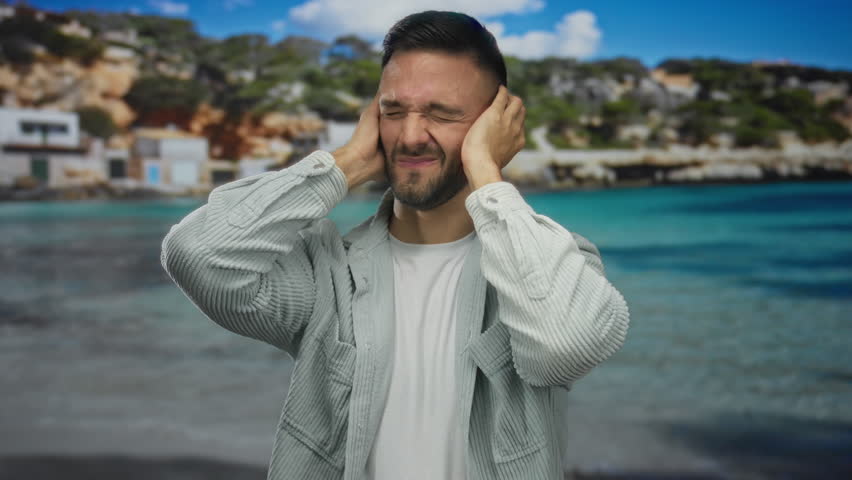 Young man on beach covering ears with hands against scenic seashore background brightly lit by daylight suggesting serene outdoor environment.