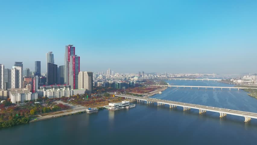Aerial View of Seoul city in South Korea, Yeouinaru Financial District