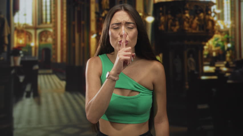 Young hispanic woman shows finger to lips for silence in church aisle, bare shoulder visible in green crop top; reverence faith hope.