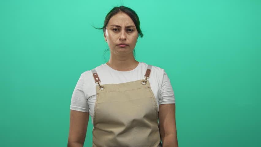 Woman in beige apron and white t shirt covering eyes with hand and slight grimace in mint green studio; discomfort.