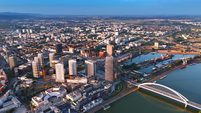 Modern panorama of Bratislava, Slovakia on sunny day. Footage above the Daube from drone.