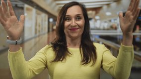 Hispanic woman holds hands apart to show large size gesture in brightly lit mall; scale display amazement. - Powered by Shutterstock - Get 15% off with code: PIKWIZARD15