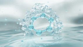 Floating molecule above clean water splash. Perfect for skincare, hydration, serum, and science-based cosmetic visuals. 3d animation. - Powered by Shutterstock - Get 15% off with code: PIKWIZARD15