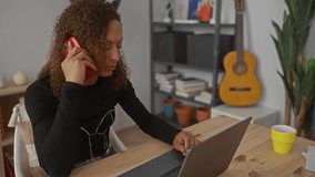 Woman holds red smartphone to ear inside building; professional productivity concentration efficiency. - Powered by Shutterstock - Get 15% off with code: PIKWIZARD15