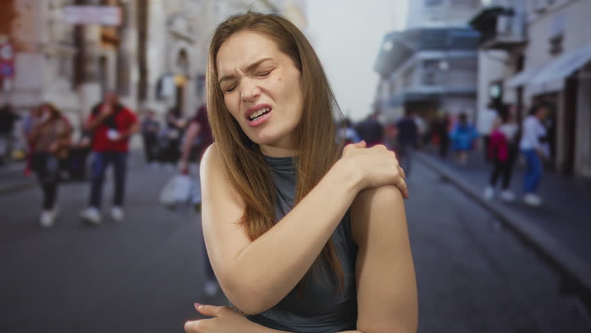 Woman in blue tank top holding shoulder in busy urban street amid blurred crowd; physical discomfort.