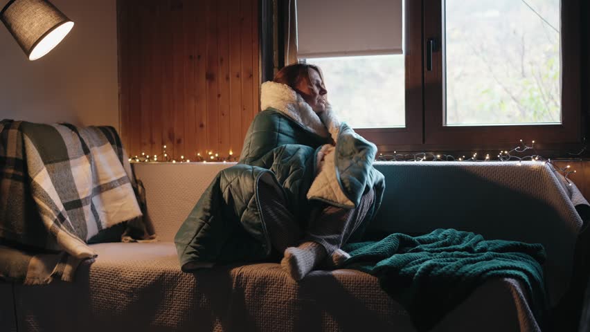 An adult woman warms up by wrapping herself in a warm blanket while sitting by the window of a country house