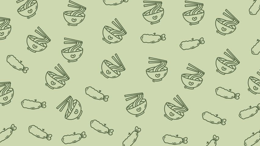 Food pattern featuring bowls of noodles with chopsticks and cucumberlike shapes. Suitable for asian cuisine menus, food blogs, and restaurant promotions.