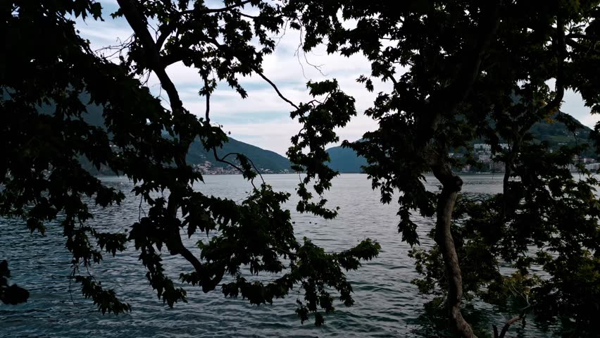 Lugano, Switzerland – July 19 2025: peaceful Lake Lugano framed by Parco Ciani maple trees, looking toward Gandria with calm water and soft summer light.