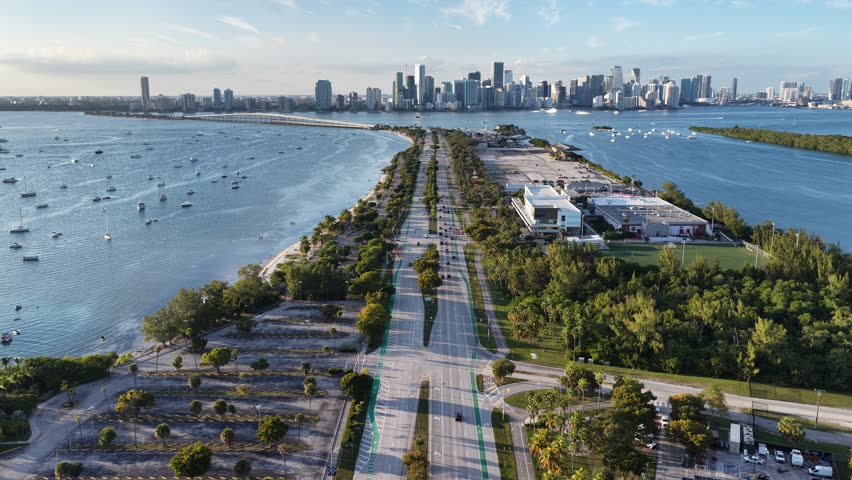 Miami Skyline At Miami In Florida United States. Seascape Skyline. Downtown Landscape. Summer Travel. Miami Skyline In Florida United States. Highrise Buildings.
