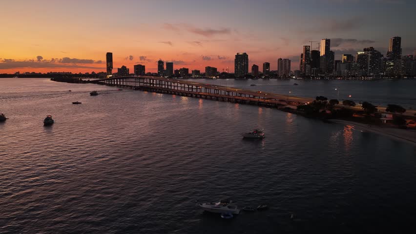 Sunset Skyline At Miami In Florida United States. Sunset Beach Skyline. Downtown Landscape. Summer Travel. Sunset Skyline In Florida United States. Highrise Buildings.
