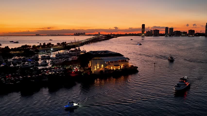 Virginia Key At Miami In Florida United States. Sunset City. Stunning Biscayne Bay. Downtown District. Virginia Key At Miami In Florida United States. Highrise Buildings.