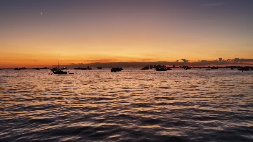 Sunset Skyline At Miami In Florida United States. Stunning Sunset Beach. Beach Landscape. Scenic Golden Hour. Sunset Skyline In Florida United States. Nature Background.