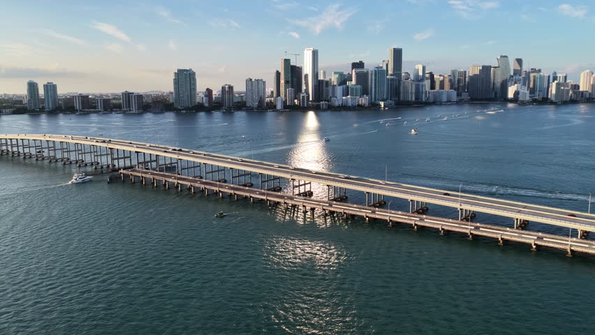 Miami Skyline At Miami In Florida United States. Urban Beach. Bay Water Scenery. Downtown City. Miami Skyline In Florida United States. Peaceful Landscape.