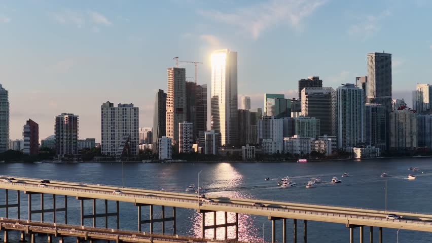 Miami Skyline At Miami In Florida United States. Beach Landscape. Bay Harbor Scenery. Downtown District. Miami Skyline In Florida United States. Amazing Cityscape.