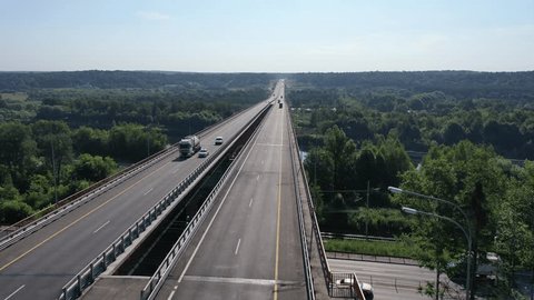 Aerial View Highway Bridge Moving Traffic