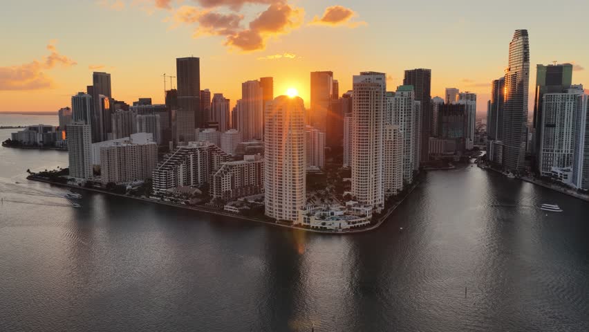 Sunset Skyline At Miami In Florida United States. Sunset City. Stunning Biscayne Bay. Downtown District. Sunset Skyline At Miami In Florida United States. Highrise Buildings.