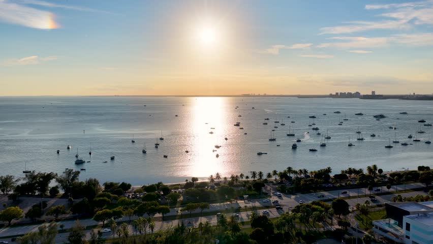Sunset Skyline At Miami In Florida United States. Stunning Sunset Beach. Beach Landscape. Scenic Golden Hour. Sunset Skyline In Florida United States. Nature Background.