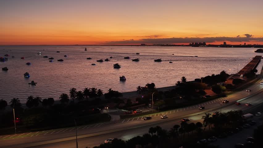 Sunset Skyline At Miami In Florida United States. Stunning Sunset Beach. Beach Landscape. Scenic Golden Hour. Sunset Skyline In Florida United States. Nature Background.