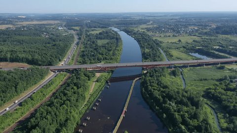 Aerial Upward Side Shot Long Bridge over