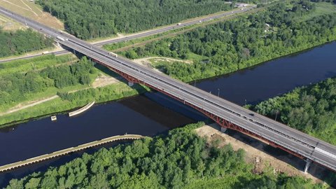 Drone Rotating View Highway Bridge over River