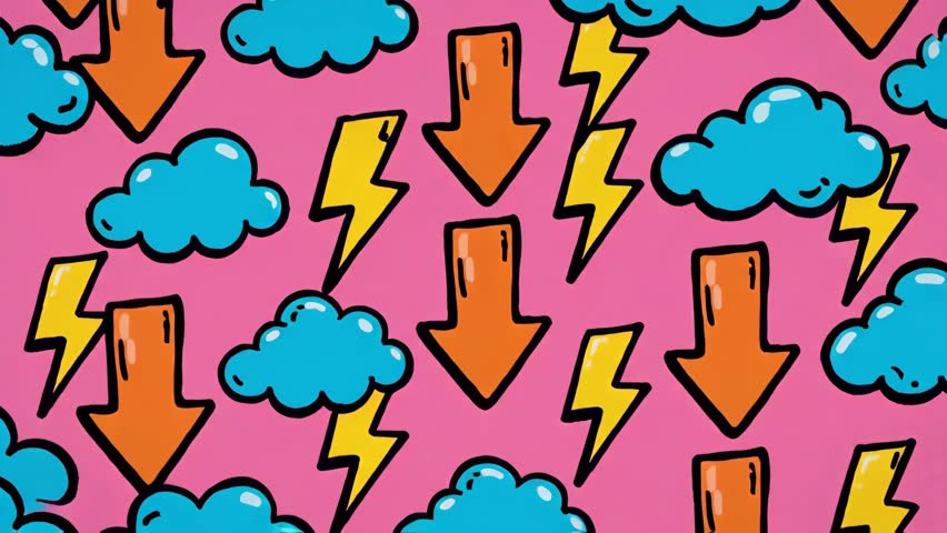 Dynamic animated weather pattern with lightning bolts, rain clouds, and downward arrows creating a vibrant, playful, and modern looping background - Powered by Shutterstock - Get 15% off with code: PIKWIZARD15