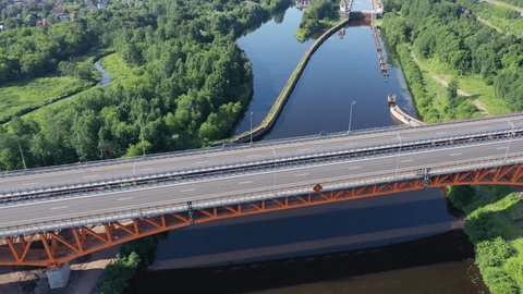 Rising Backward Drone View Highway Bridge