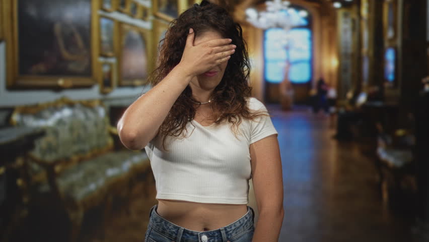 Woman covering eyes with hand in museum building gallery wearing white crop top; shyness curiosity mystery.