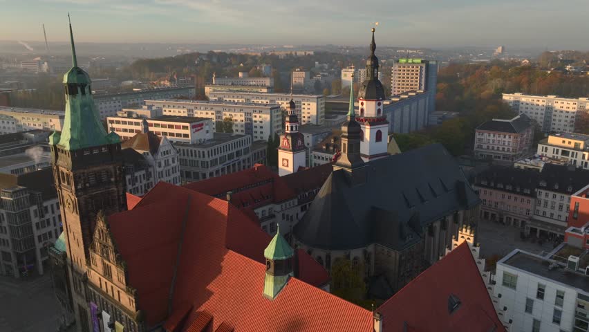Chemnitz Townhall and Market Square. Chemnitz Rathaus in Saxony, Eastern Germany. Aerial Sunrise Time Soft Light.