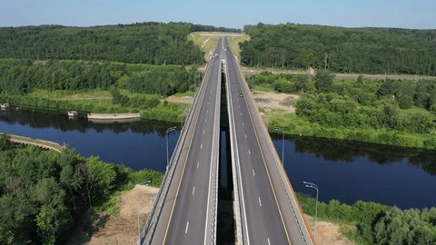 Drone Flight Forward above Highway Bridge Forest
