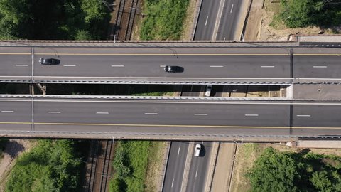 Sideward Ascent over Highway Riverside Landscape