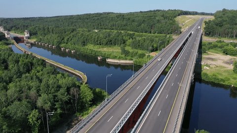 Rotating Drone View Canal Locks Highway Bridge