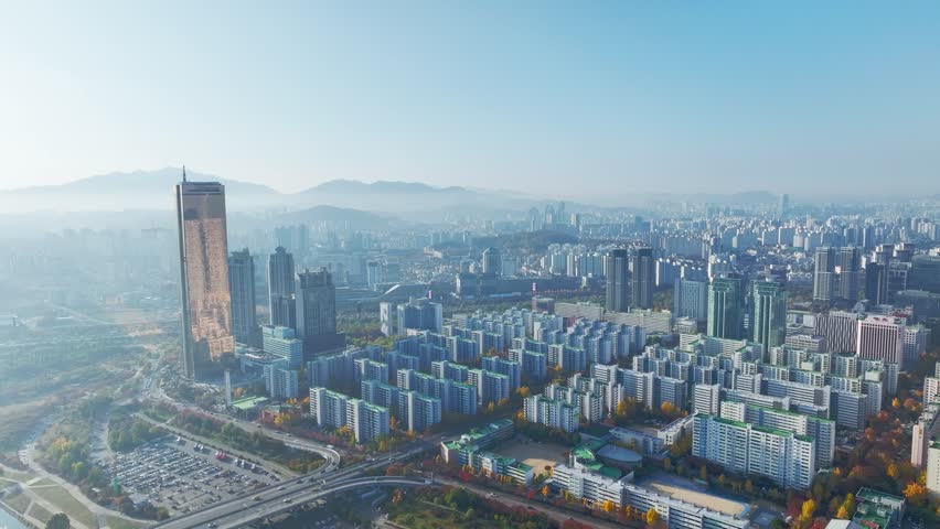 Aerial View of Seoul city in South Korea, Yeouinaru Financial District