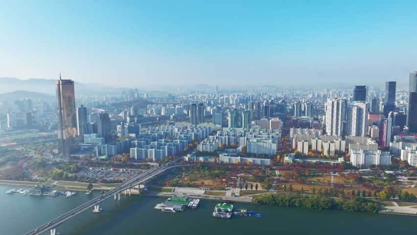 Aerial View of Seoul city in South Korea, Yeouinaru Financial District