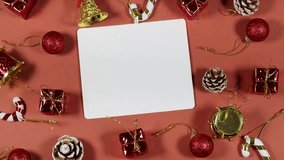 Festive Christmas Flat Lay With Gifts, Ornaments, Pine Cones, And White Card - Powered by Shutterstock - Get 15% off with code: PIKWIZARD15