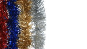 Colorful Christmas tinsel in red, blue, gold, and silver shimmering against a clean white background. Festive holiday garlands gently moving, creating a bright and decorative seasonal atmosphere. Perf - Powered by Shutterstock - Get 15% off with code: PIKWIZARD15