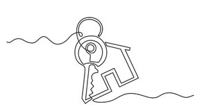 Animated self drawing of continuous line draw keychain with key ring, key and a pendant house locket.  Real Estate Line Design. Full length one line animation. 4K - Powered by Shutterstock - Get 15% off with code: PIKWIZARD15