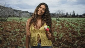Hispanic teenage woman smiling while holding a three scoop ice cream cone, yellow crochet top and exposed midriff in a farm field near trees forest; carefree joy. - Powered by Shutterstock - Get 15% off with code: PIKWIZARD15