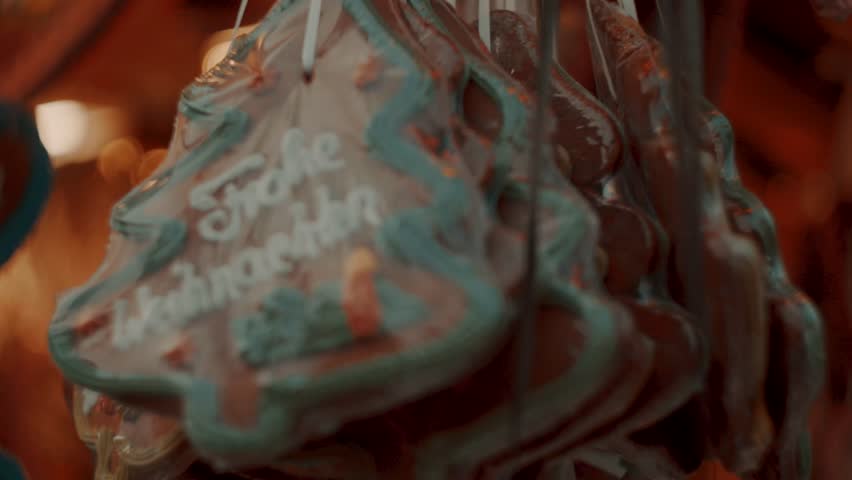 Cinematic Close-Up of 'Frohe Weihnachten' Lebkuchen (Ginger Bread) Christmas Tree at Bonn Christmas Market, Germany, 4K Slow Motion - Powered by Shutterstock - Get 15% off with code: PIKWIZARD15