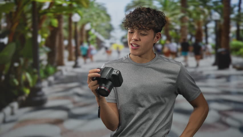 Teen boy inspects a dslr camera with a puzzled expression while rubbing his neck on a palm lined street; curiosity exploration.